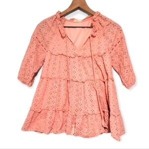 Altar'd State Pink Eyelet Ruffle Tiered Boho Flowy Top Size XS